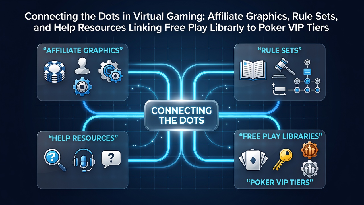 Diagram showing connections between affiliate graphics, rule sets, help resources, free play libraries, and poker VIP tiers in virtual gaming platforms