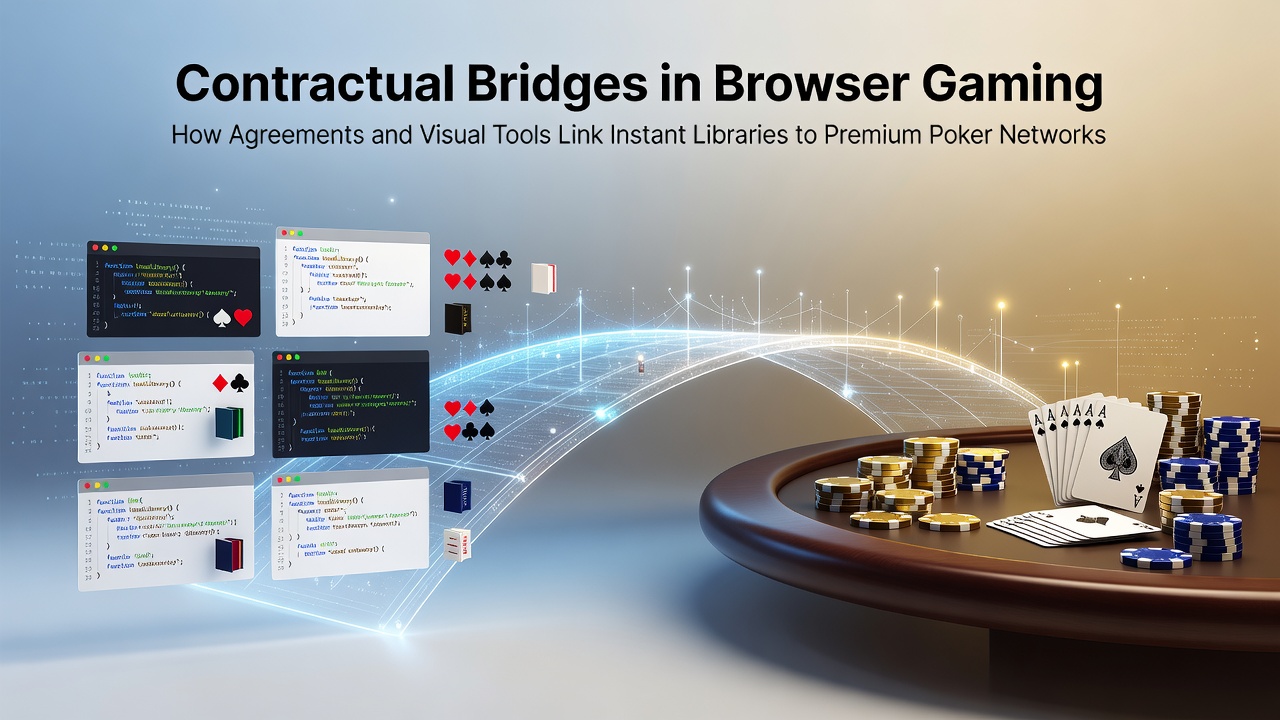 Illustration of contractual agreements and visual tools connecting browser-based instant gaming libraries with premium poker networks