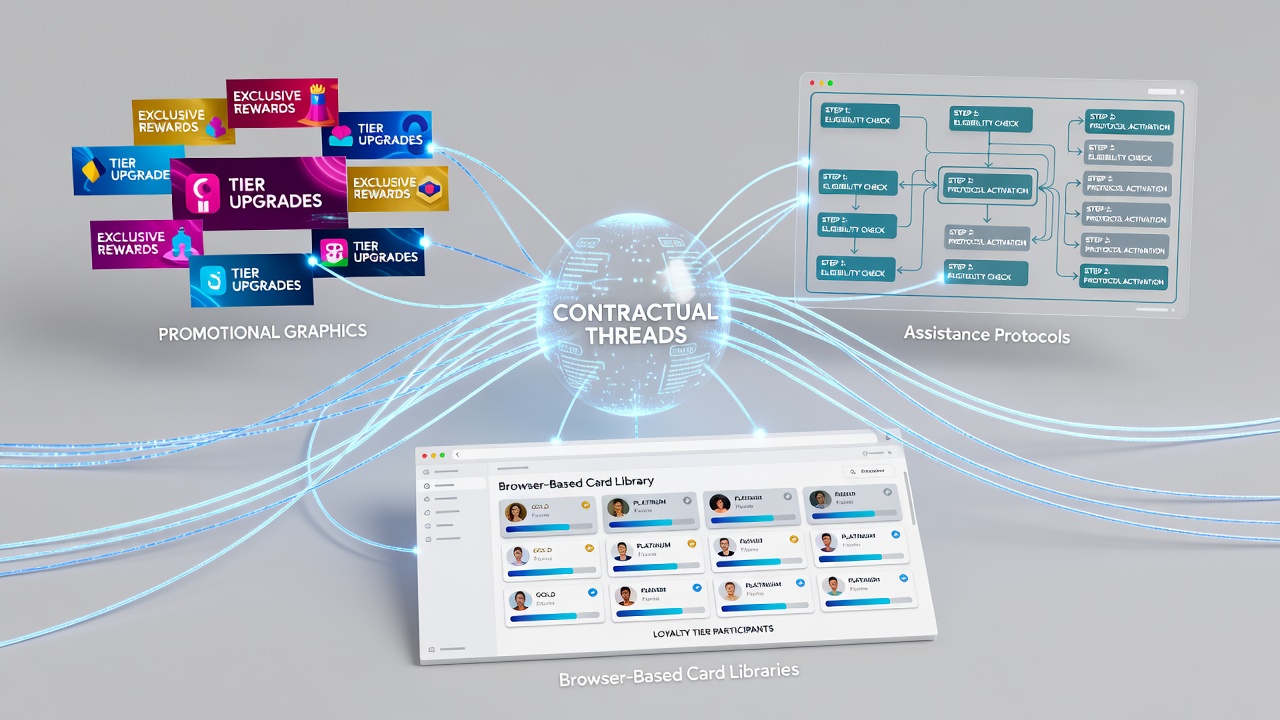 Illustration of interconnected promotional graphics and browser-based card library interfaces for loyalty program participants