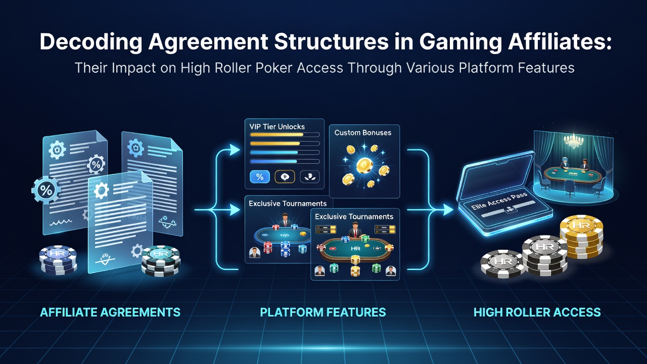 Diagram showing affiliate agreement structures connected to poker platform features and high roller access points
