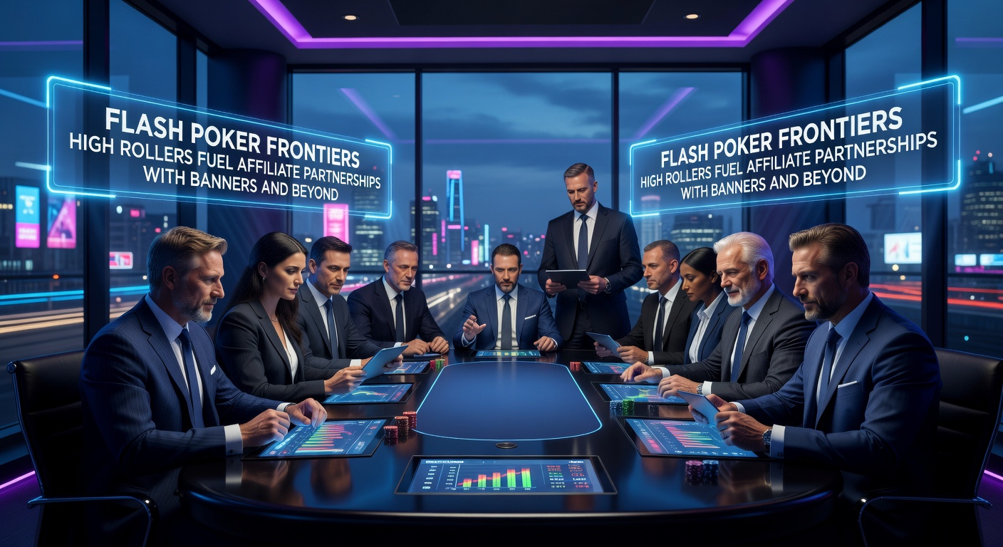 Dynamic flash poker interface showcasing high-stakes tables and affiliate banner integrations on a sleek digital platform