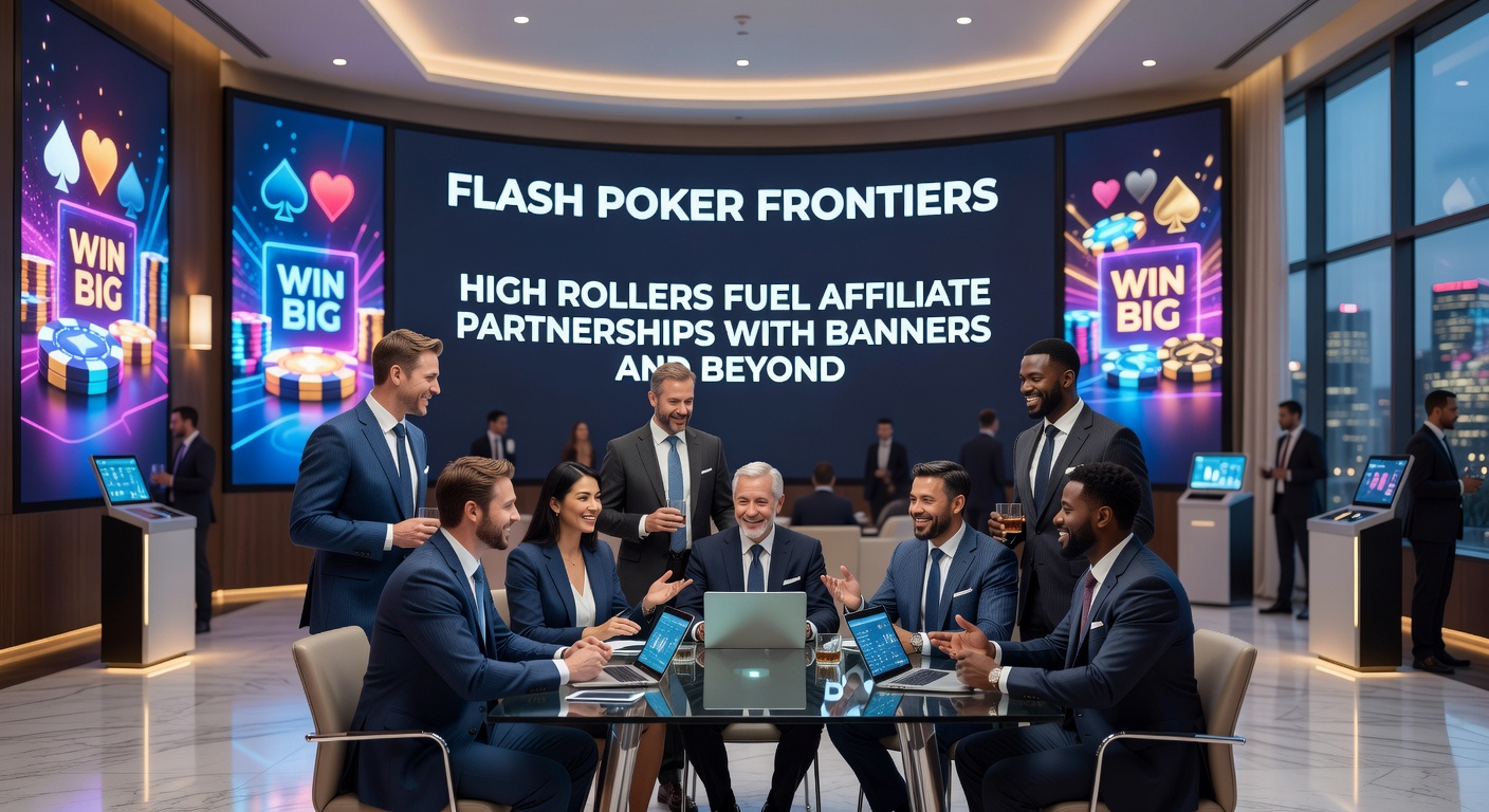 Affiliate dashboard displaying high roller metrics, banner performance graphs, and partnership revenue streams in a vibrant flash poker ecosystem