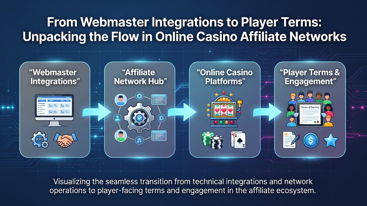 Diagram showing the connection between webmaster tools and player agreement flows in casino affiliate systems