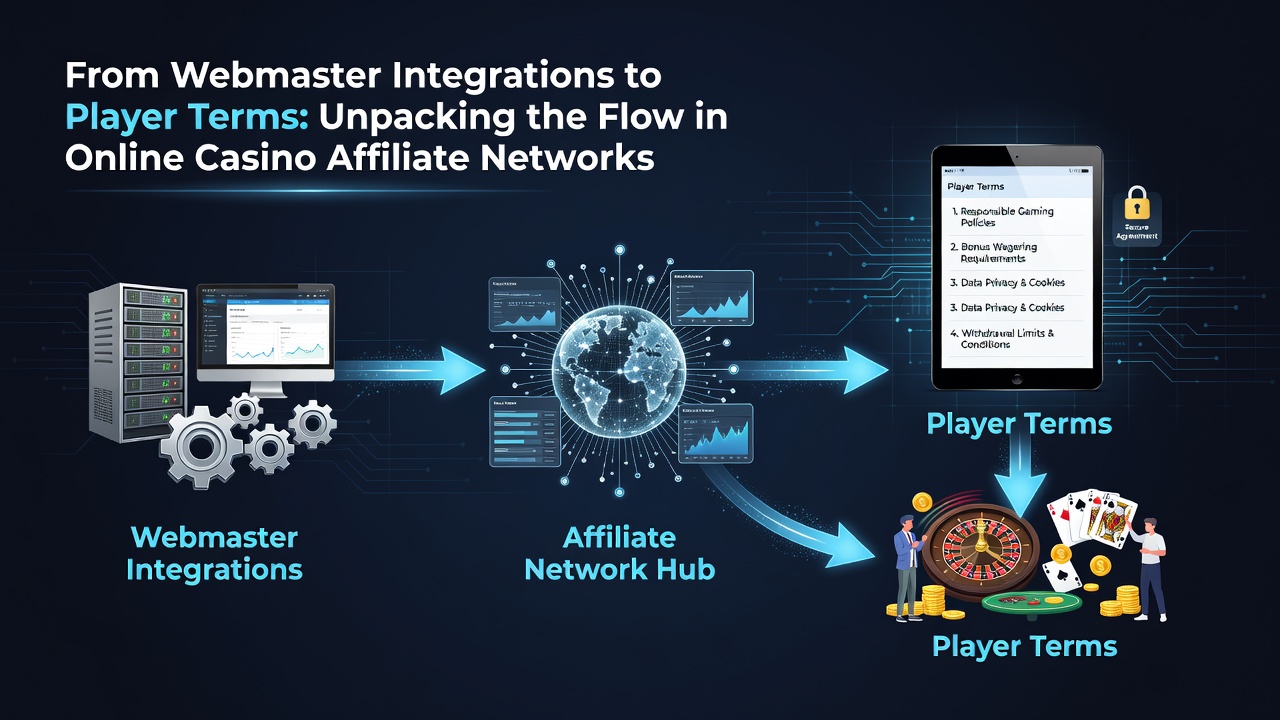 Flowchart illustrating how affiliate tracking leads into player registration and term acceptance stages