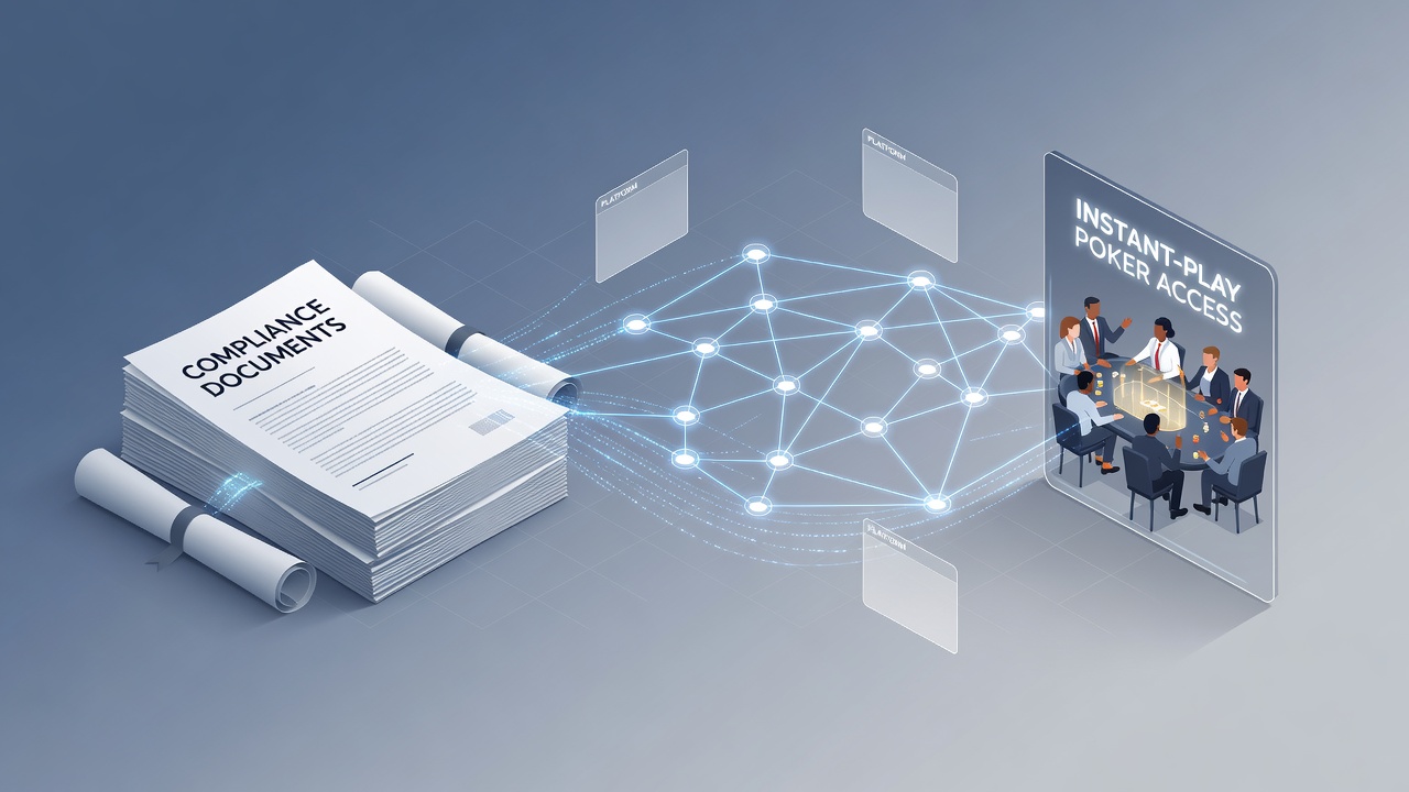 Illustration of compliance documents and network connections in browser-based poker platforms