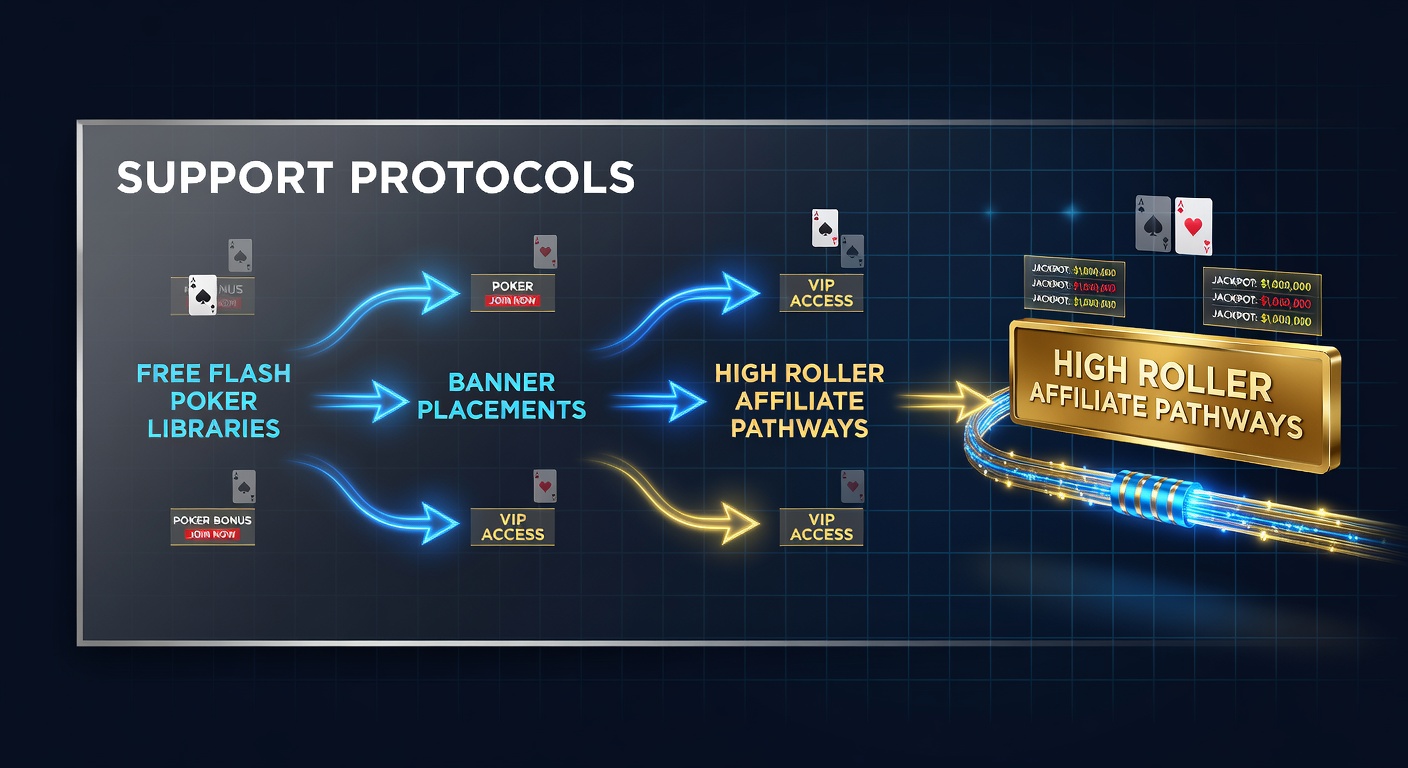 Diagram showing support protocol flows directing affiliate banner placements from free flash poker libraries toward high roller pathways