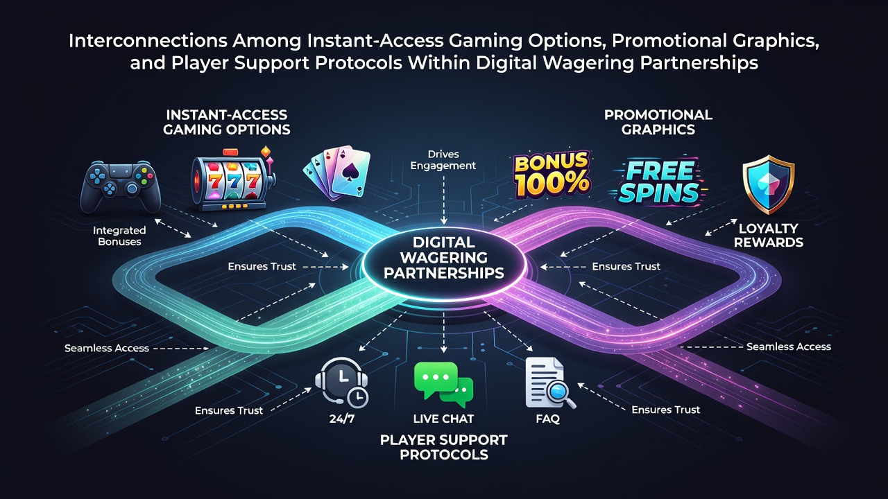 Diagram showing interconnections between instant-access gaming, promotional graphics, and player support in digital wagering partnerships