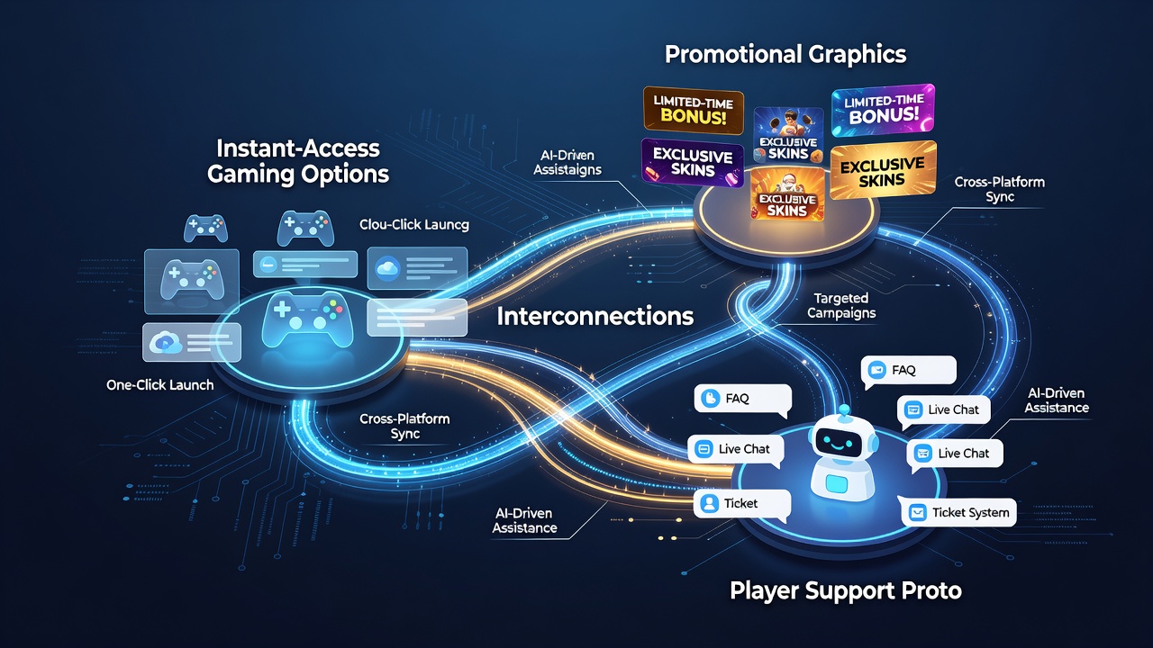 Illustration of player support dashboard connected to promotional tracking and instant gaming interfaces