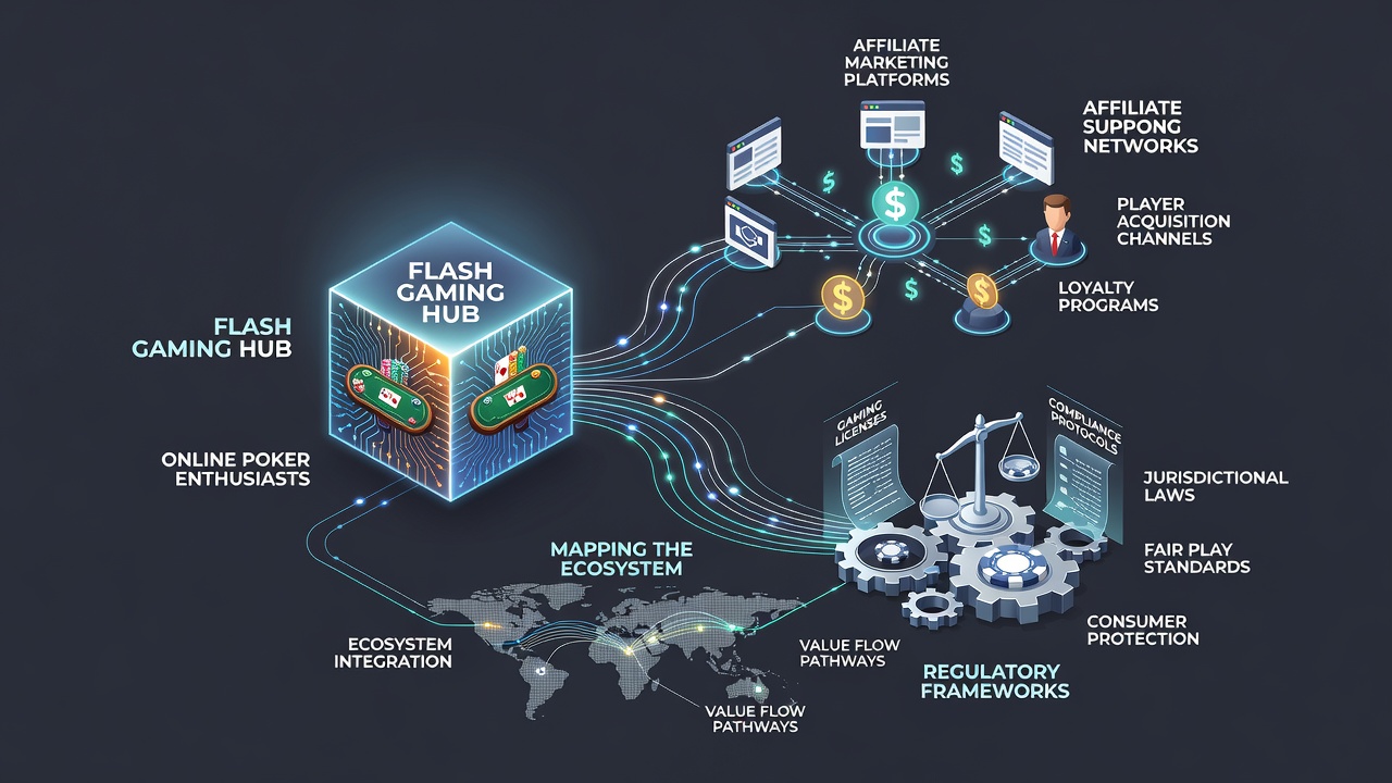 Diagram showing connections between flash gaming platforms, affiliate networks, and regulatory bodies for online poker