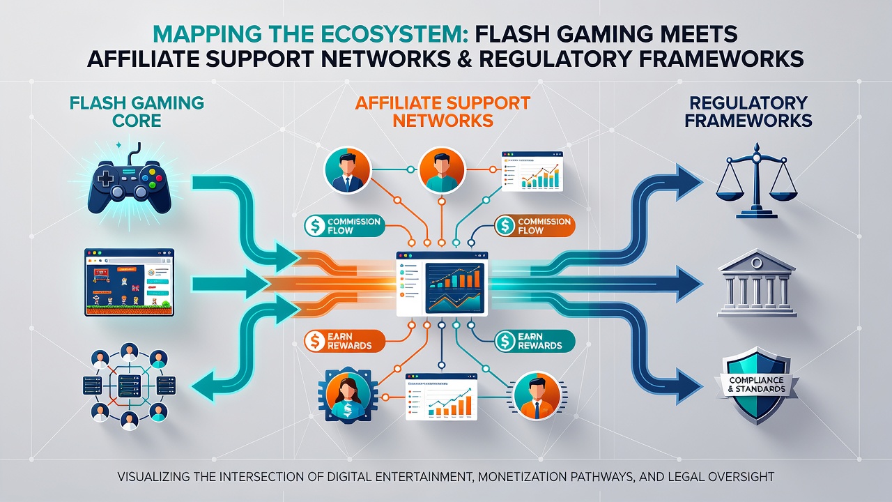 Illustration of affiliate tracking systems linking flash poker sessions to regulatory compliance checks