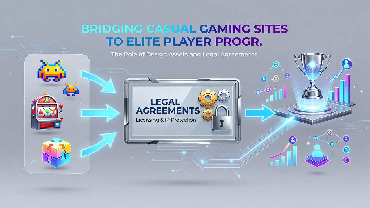 Example of legal agreement interface alongside design assets showing player progression pathways