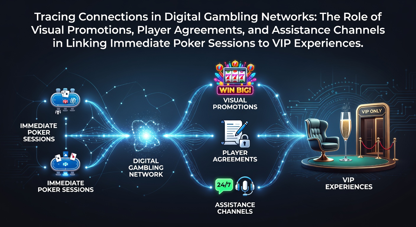 Digital network diagram showing pathways from instant poker sessions through visual promotions and player agreements to VIP tiers