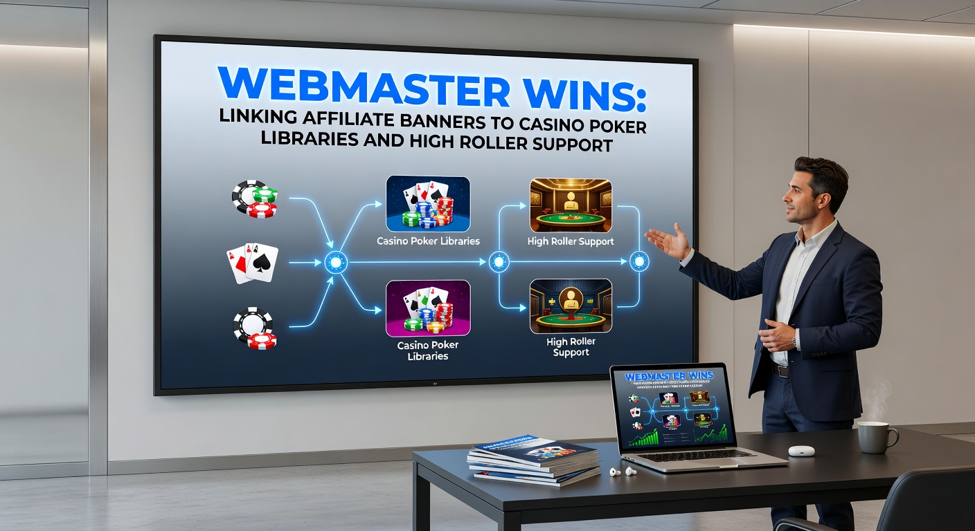 Webmaster dashboard displaying affiliate banner links connected to poker game libraries and high roller VIP sections